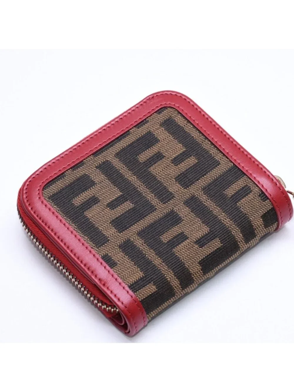 Fendi Compact Wallet Bifold Zucca Pattern Canvas Leather Brown Red Gold